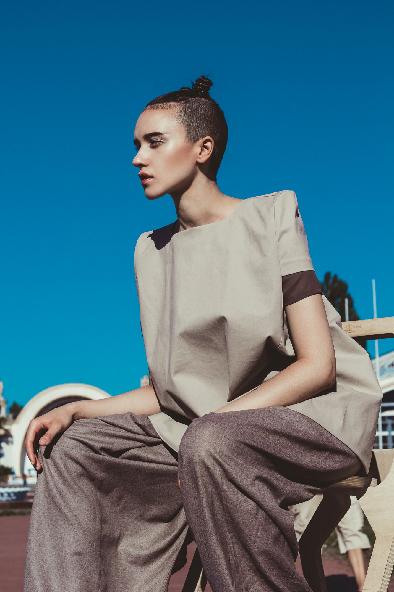 Beige Top + Wide Trousers