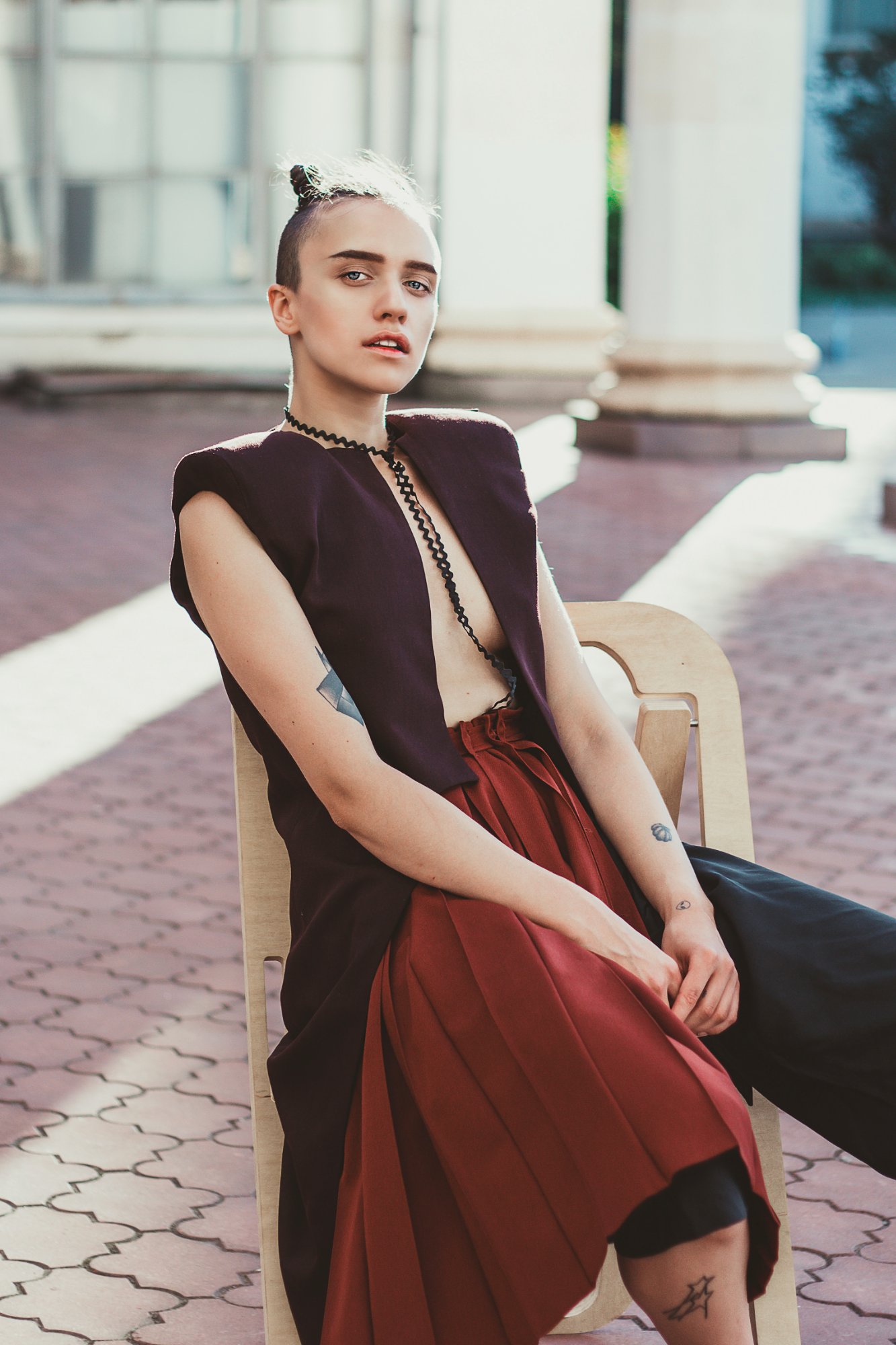 Burgundy Vest + Pleated Skirt